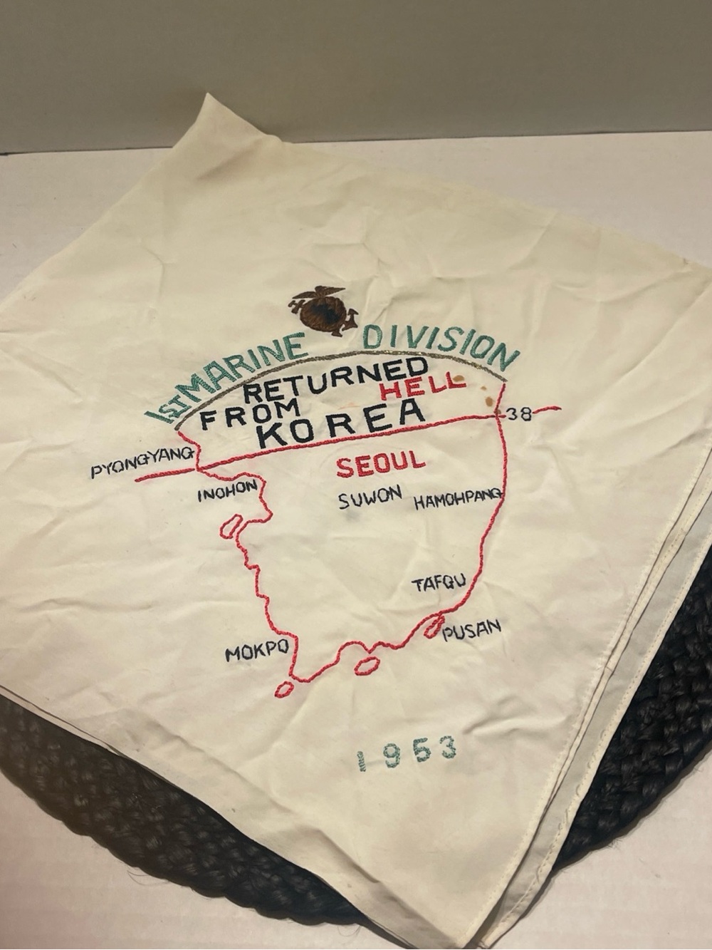 1953 Returned From Korea Embroidered White silk blend Scarf 27” Vintage